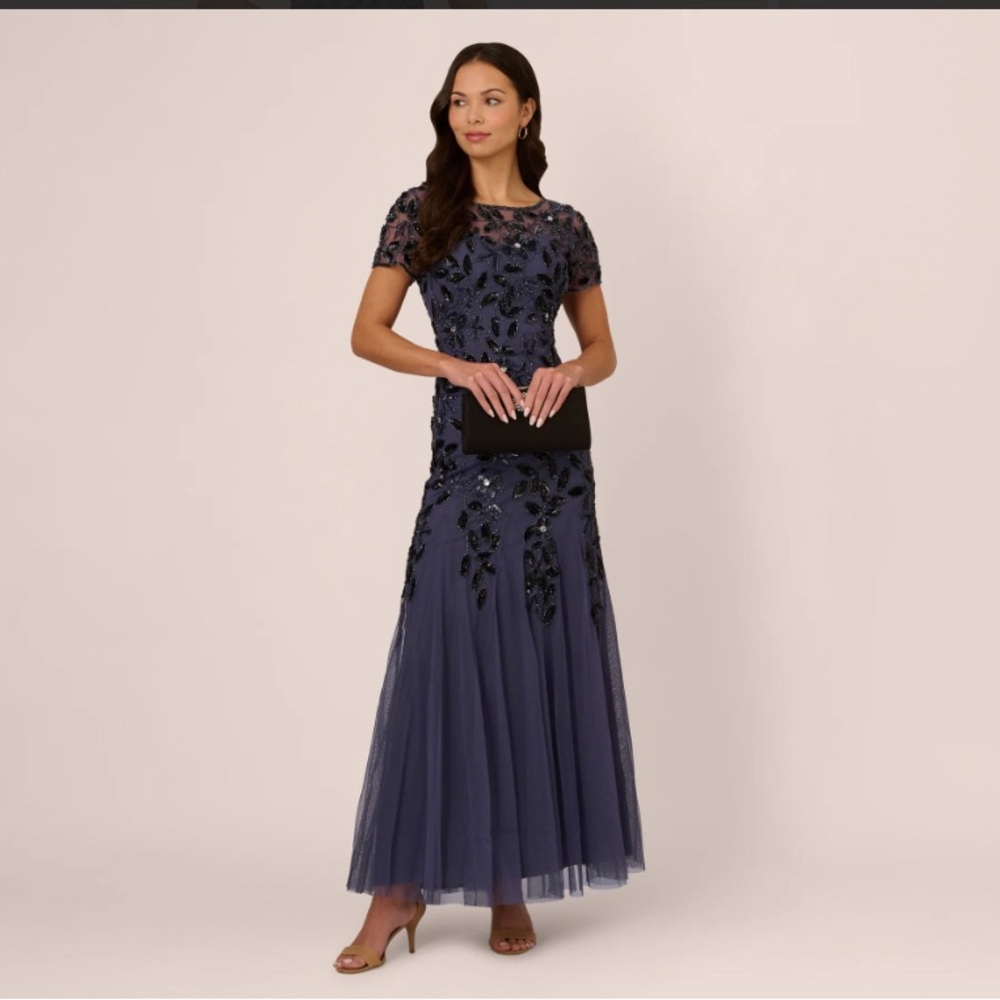 Adrianna Papell Navy Beaded Mesh Gown Formal Evening Dress SZ 10 MOB BRIDESMAID